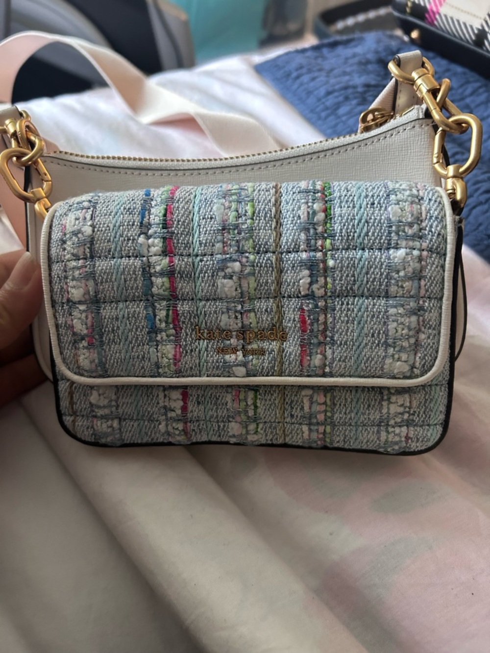 kate spade Tweed Crossbody Bag in Light Blue and White with Multicolor Accents